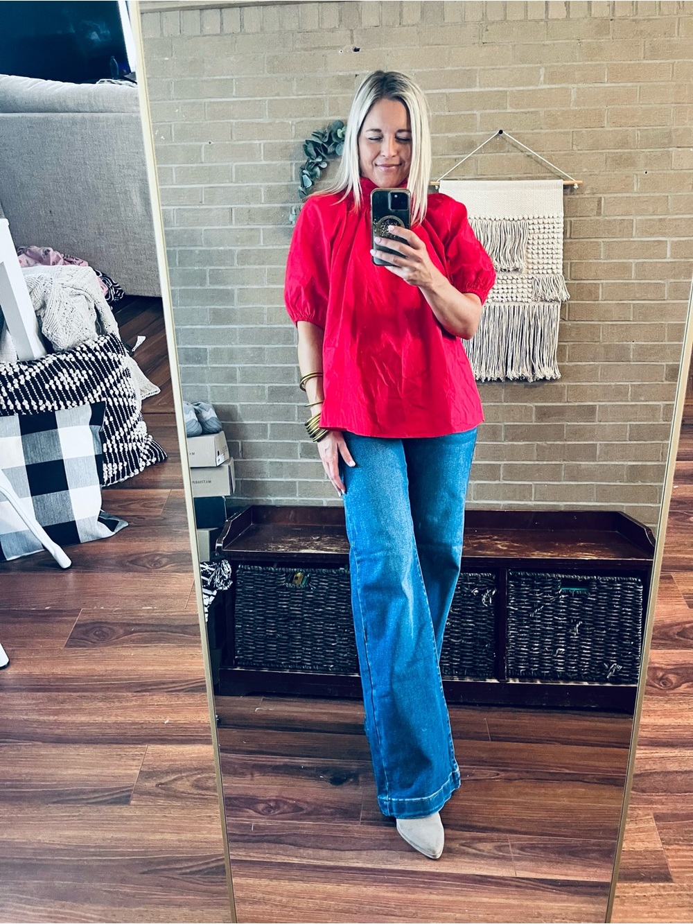 Women's Red Puff Sleeve Blouse with Gathered Yoke